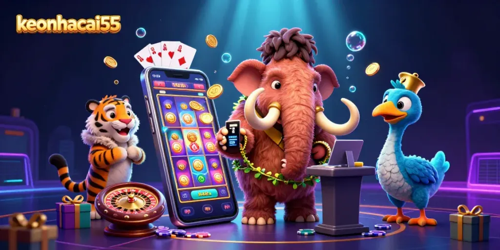 Enhance your gaming with keonhacai55 featuring a vibrant 3D casino scene.