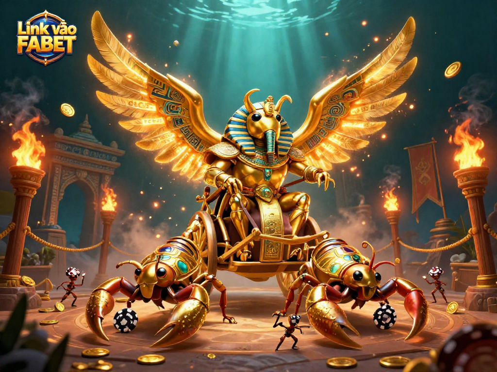 Engage in thrilling gameplay with a stunning representation of Link vào FABET, featuring a golden scarab and gem-laden scorpions.
