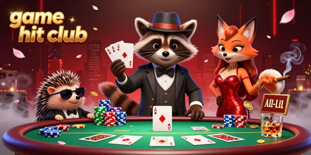 Engage with the thrilling atmosphere of the game hit club featuring a raccoon in a suit and fox lady at a vibrant poker table.