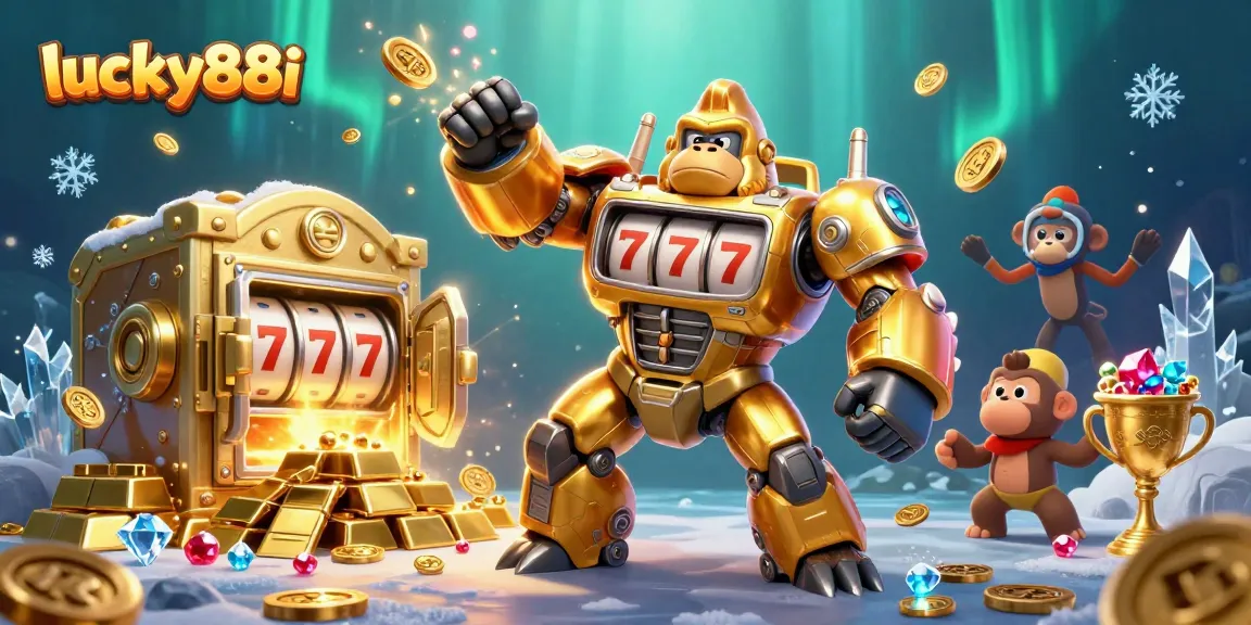Experience thrilling gameplay with lucky88i, featuring a golden gorilla mech surrounded by treasure in a vibrant casino adventure.