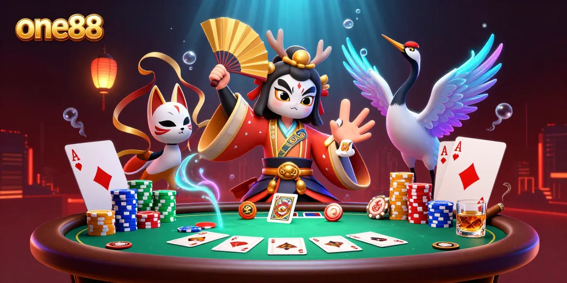Engage in thrilling games at one88 with a vibrant and intricate casino scene featuring skilled warriors and poker elements.