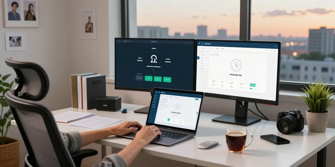 使用quickq电脑版 VPN应用的现代家办公场景，展示舒适与高效结合。