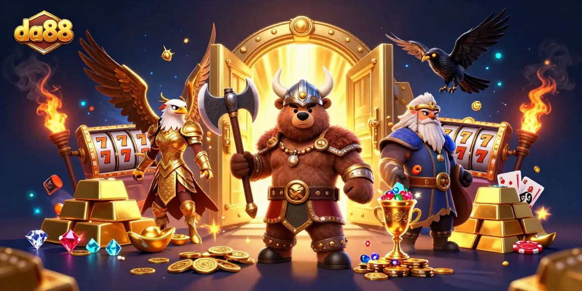 Engage in winning adventures with da88 at a vibrant casino, featuring a Viking berserker and treasures.