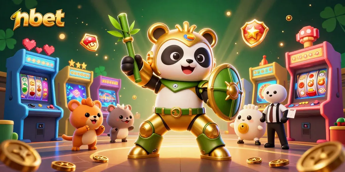 Engaging nbet illustration featuring a mech-suit panda in a vibrant casino scene full of slot symbols.
