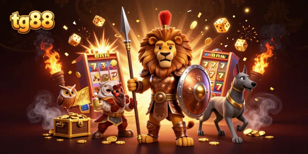 Experience the exciting world of tg88 with a dynamic 3D illustration of a Spartan lion, owl strategist, and greyhound in a bustling casino scene.