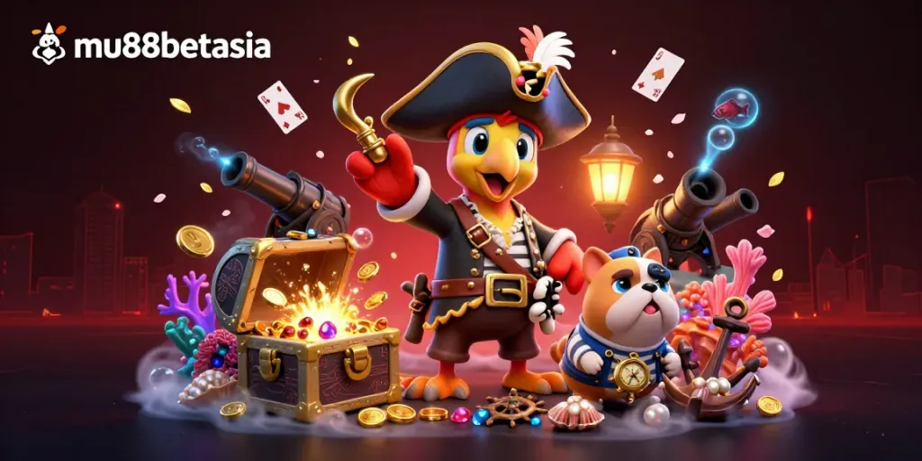 Experience thrilling action with mu88betasia's vibrant 3D casino scene featuring pirate characters and treasure.