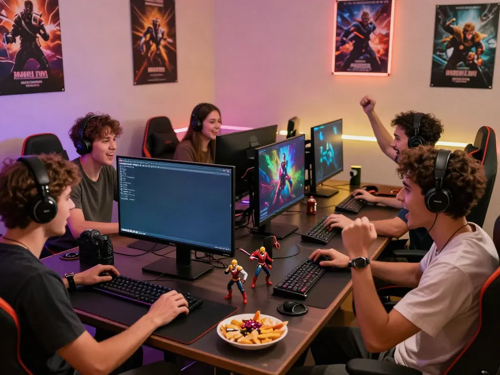 Friends enjoying online games together at https://playsv88.net/ with vibrant setups and lively atmosphere.