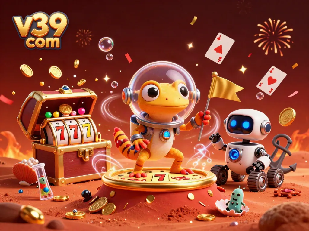 Experience the excitement at v39 com with a Martian gecko in a golden casino, surrounded by explosive treasures and festive celebrations.