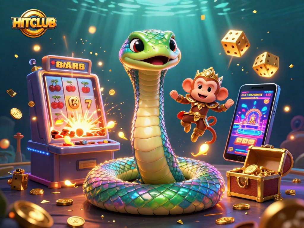 Experience the excitement of HITCLUB with a colorful jackpot scene featuring thrilling game elements, slot machines, and winning symbols.
