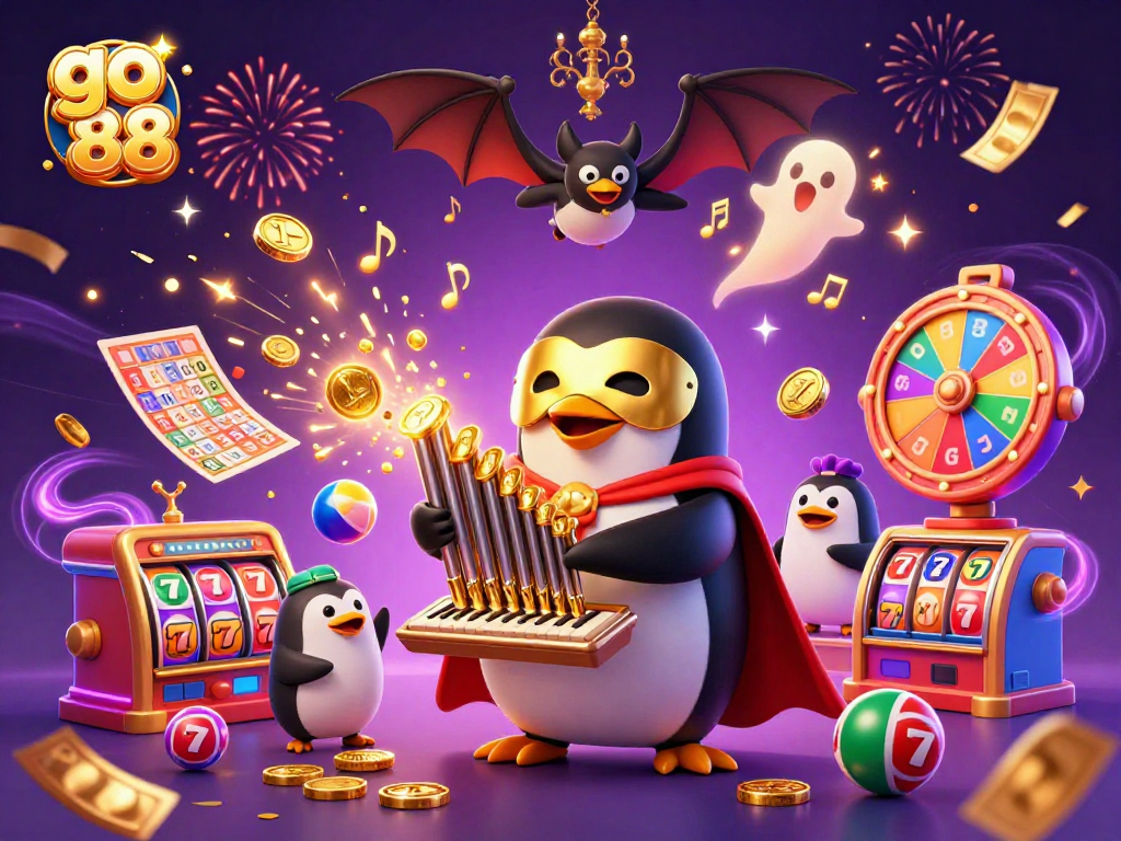 Experience the thrill of go 88 with an exciting 3D casino scene filled with golden coins, vibrant activities, and festive elements.
