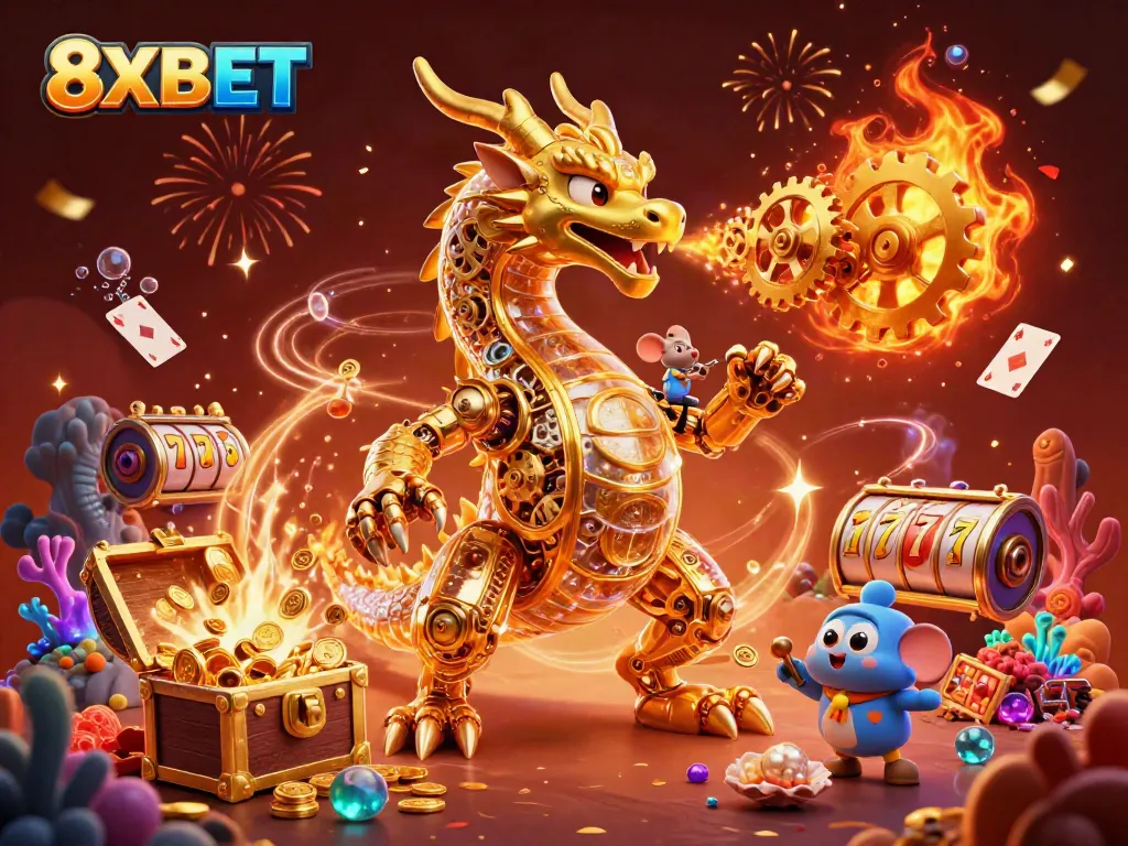 Experience ultimate gaming excitement at 8XBET with a dynamic scene featuring a golden dragon and vibrant casino elements.