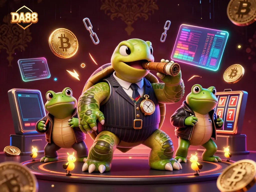 Experience the excitement of DA88 with a vibrant 3D casino scene featuring a mobster turtle and bullfrog enforcers.