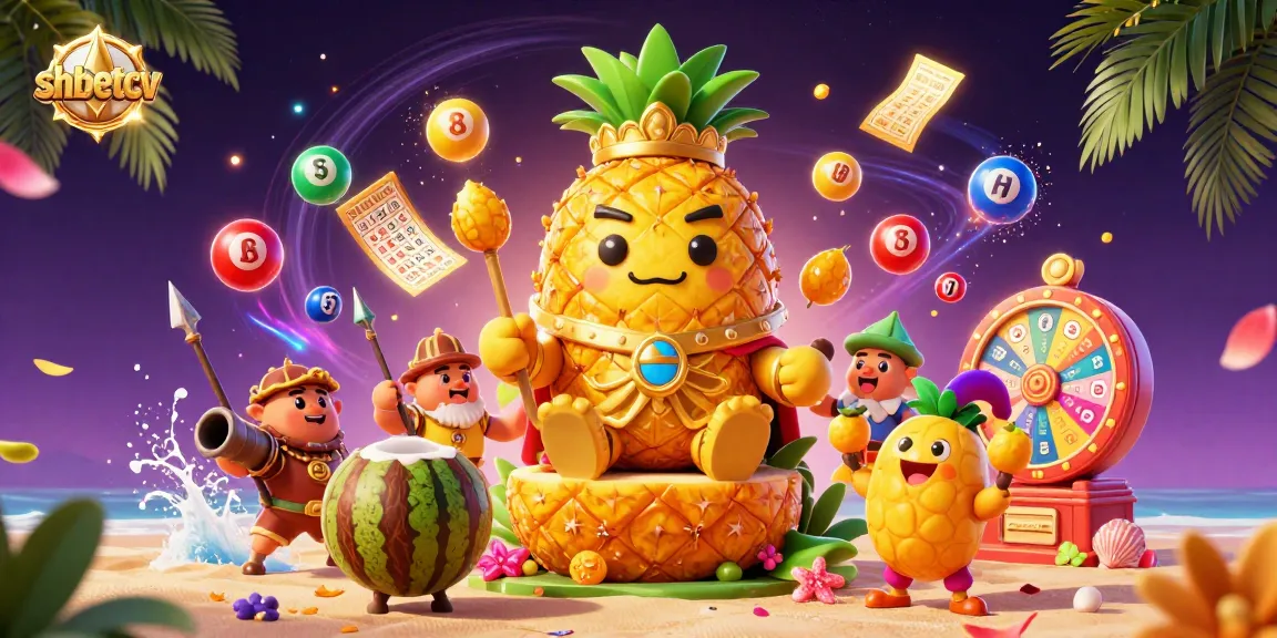 Engage with shbetcv's vibrant casino scene featuring a golden pineapple king and dynamic lottery action.