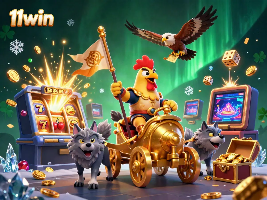Experience thrilling gaming with 11win: a dynamic illustration of a rooster warlord and casino elements.