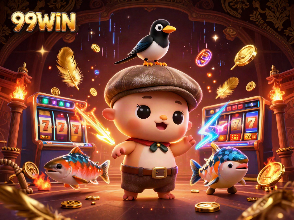 Engage with 99WIN's exciting casino world featuring playful characters and vibrant game elements.