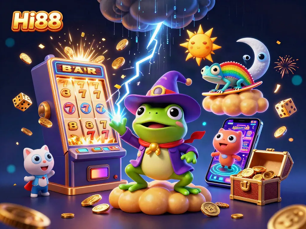 Experience excitement at HI88 Casino with dazzling golden coins, vibrant characters, and dynamic game elements.
