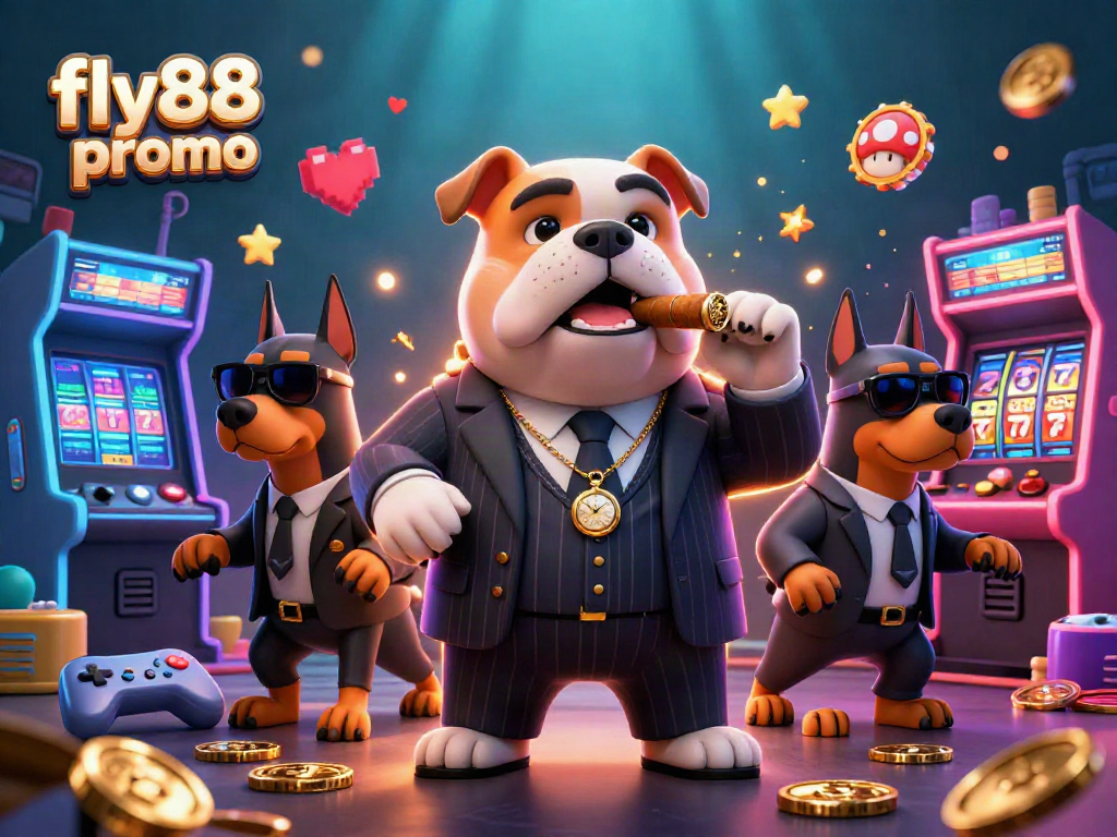 Experience the excitement of fly88 promo with a mafia boss bulldog and bodyguard Dobermans in a vibrant casino scene.