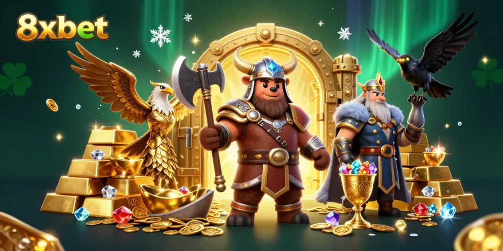 Experience the thrilling world of 8xbet with dynamic characters and sparkling treasures in a vibrant casino setting.