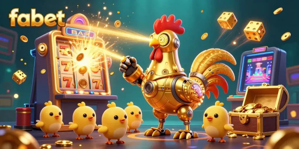 Experience the excitement of fabet with a dazzling scene featuring a golden rooster robot surrounded by casino elements.