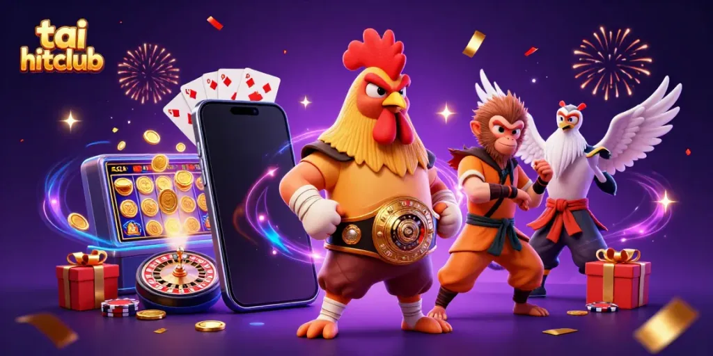 Experience the excitement of tai hitclub with friendly characters in a vibrant 3D casino setting showcasing games.