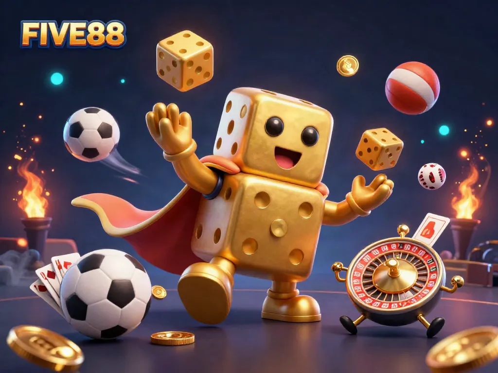 Experience the excitement of FIVE88 with a vibrant 3D illustration showcasing golden dice, dynamic sports elements, and casino excitement.
