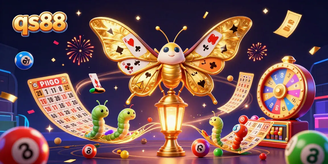 qs88 showcases a colorful casino scene with a giant atlas moth, vibrant lottery balls, and dynamic gaming elements.
