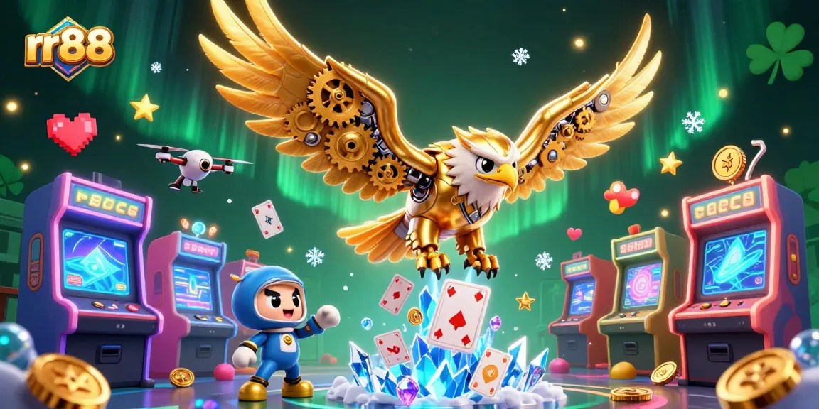 Engage in thrilling gambling adventures with rr88 featuring a cybernetic eagle and vibrant game elements.