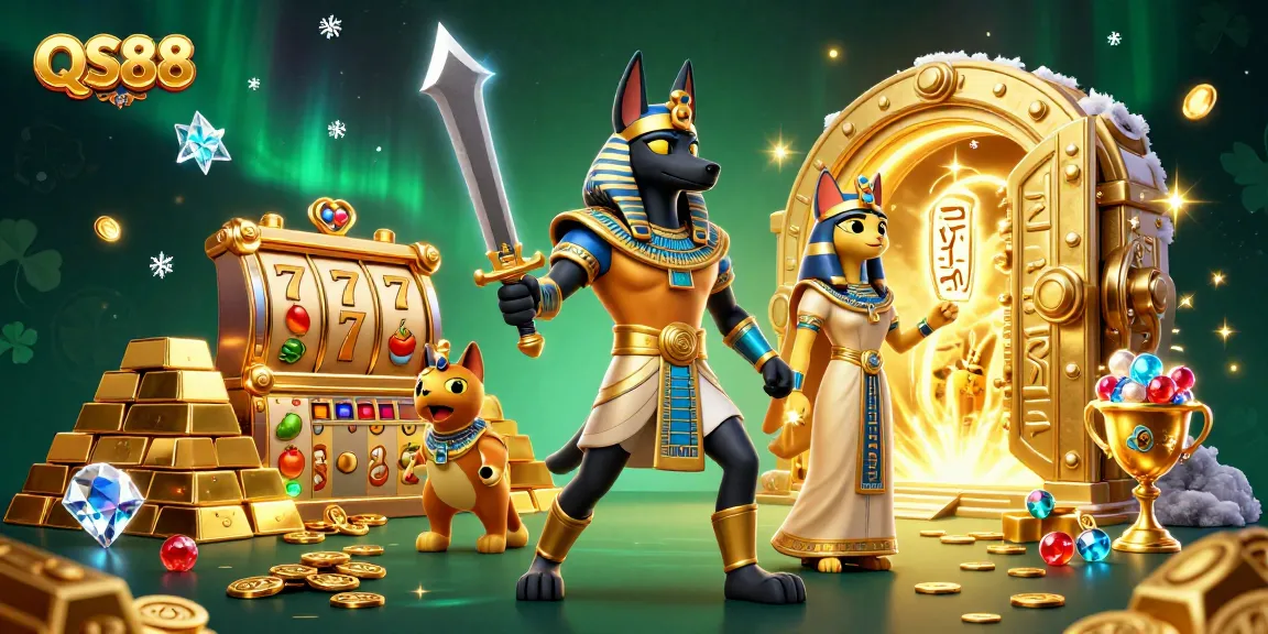 Experience thrills with QS88 as Anubis and Bastet embrace luxury in a vivid casino world.