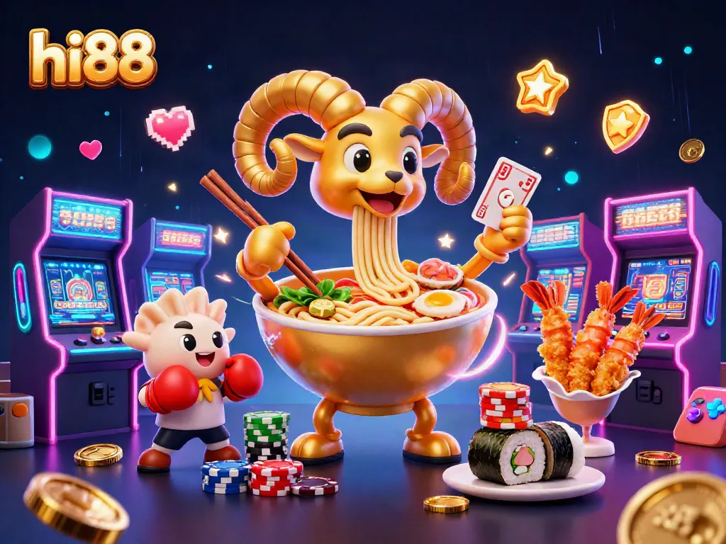 Engage with hi88’s colorful casino world featuring a golden ramen bowl dealer and vibrant gaming elements.
