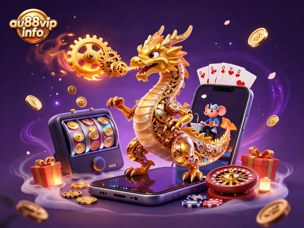 Experience the excitement at au88vip info with a dynamic 3D golden dragon surrounded by vibrant casino elements.