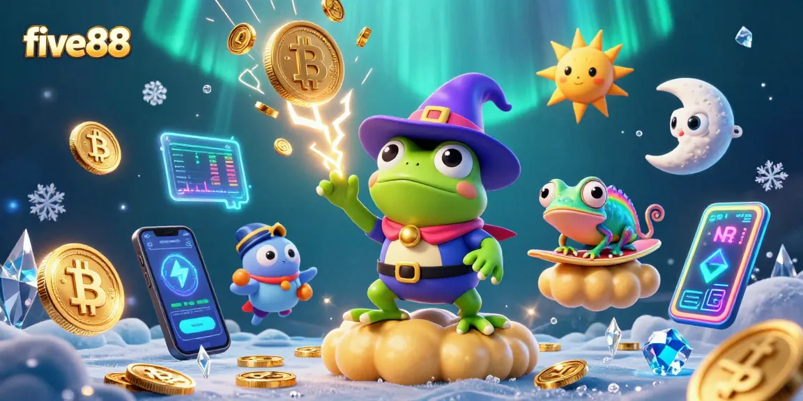 Experience the excitement of casino gaming with five88's whimsical 3D illustration featuring a frog and chameleon amidst a storm of golden coins.