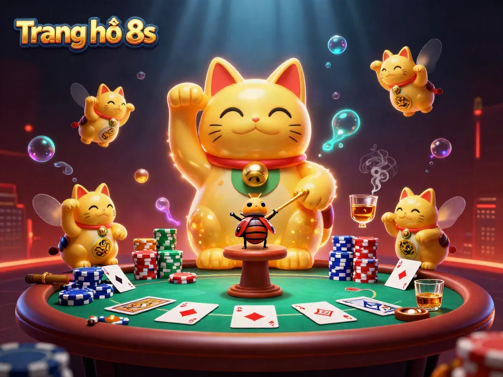 Experience winning strategies at Trang chủ 8s with vibrant casino game elements and dynamic lucky cat illustration.