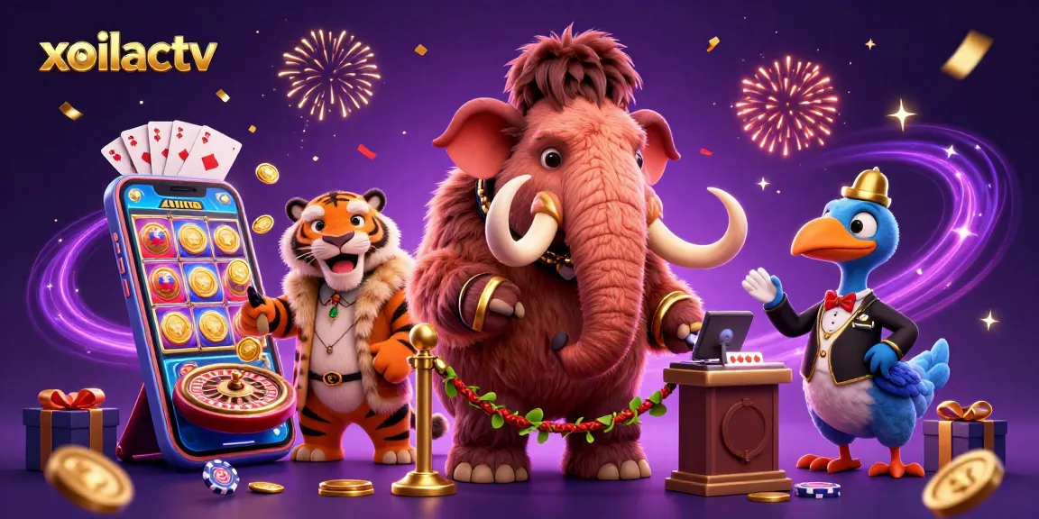 Xoilactv offers vibrant live casino interaction with characters enjoying slot games and promotions.