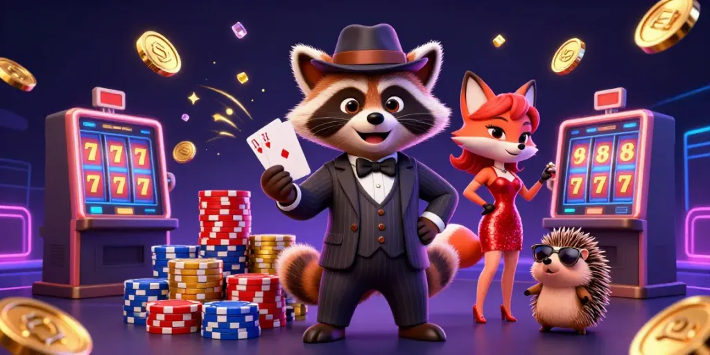 Engage in thrilling online gaming with Nhà cái AE888 featuring a raccoon, fox, and hedgehog in a casino scene.