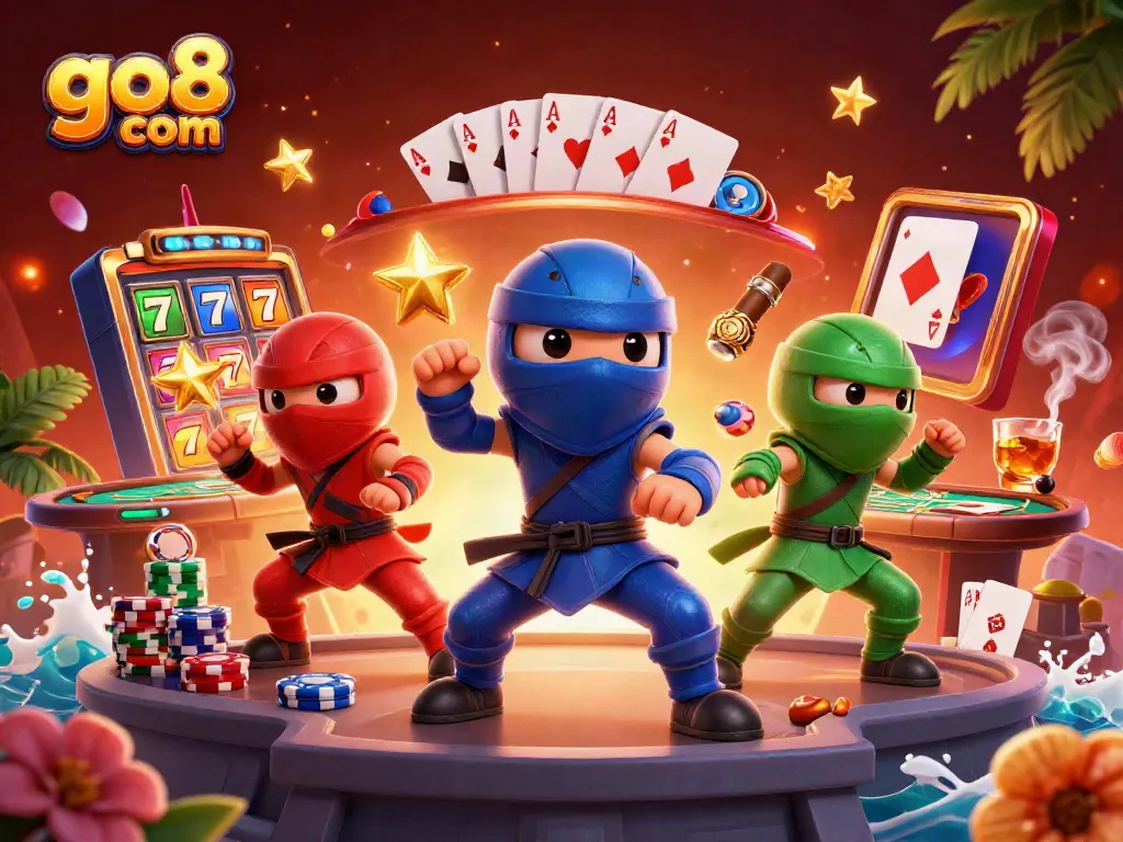 Experience thrilling gaming with the ninja chameleons at go8 com amidst a vibrant casino atmosphere.
