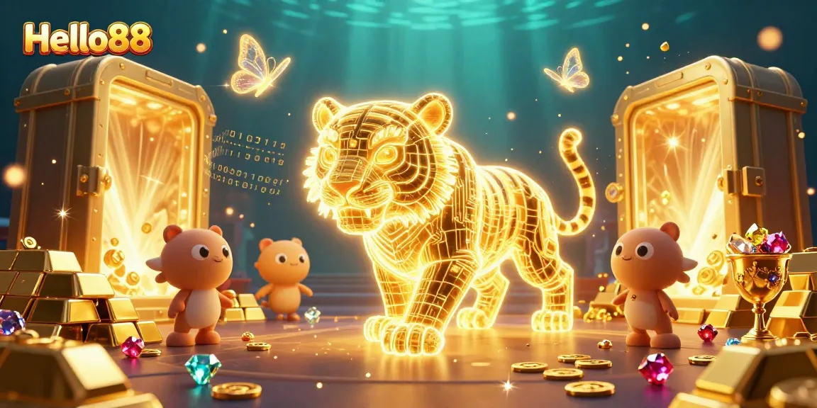 Experience big wins at Hello88 in an ultra-detailed 3D casino illustration featuring vibrant tiger and treasures.