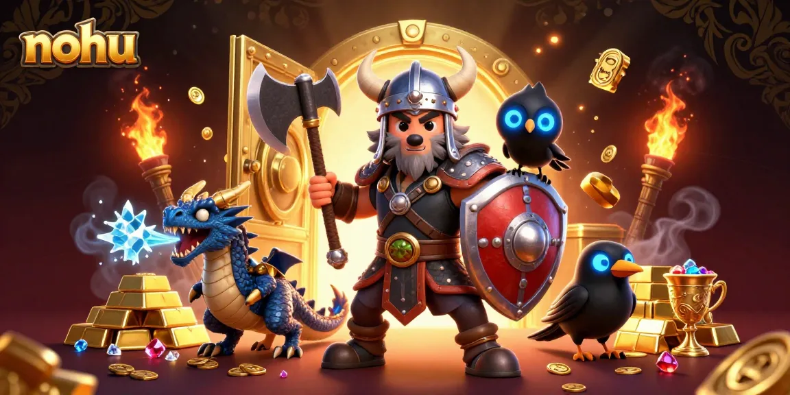 Catch the excitement of nohu with a Viking warrior, dragon, and treasures in a dynamic casino scene.