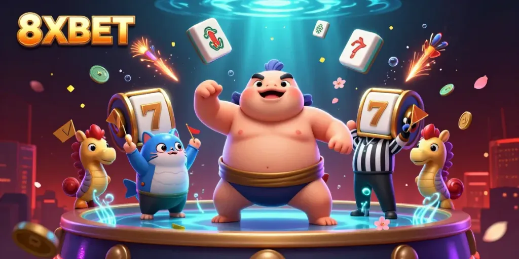 8XBET features an exciting underwater casino scene with a puffed-up blowfish and vibrant elements celebrating online gaming.