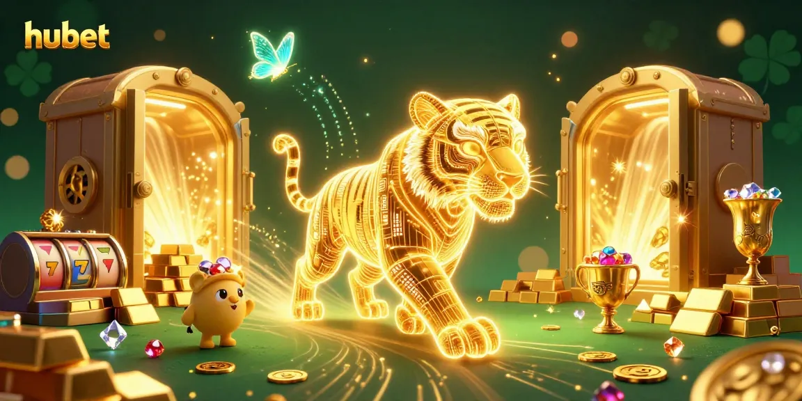 Experience thrilling gaming at hubet with a dazzling 3D scene featuring neon tigers and riches.