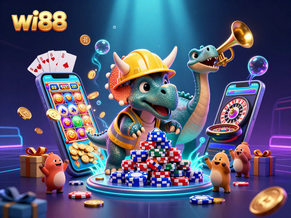 Celebrate big wins at wi88 with a vibrant illustration of a triceratops building a poker chip pyramid.