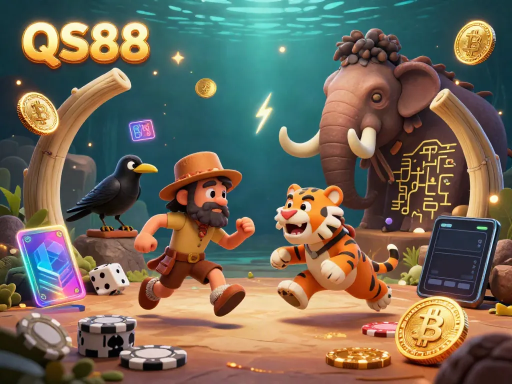 Experience the thrill of gambling at QS88 with captivating 3D cartoon caveman and sabertooth tiger casino scene.