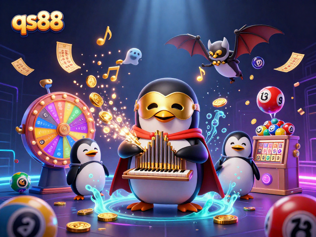 Spin and win with qs88 in an exciting lottery-themed 3D casino scene.