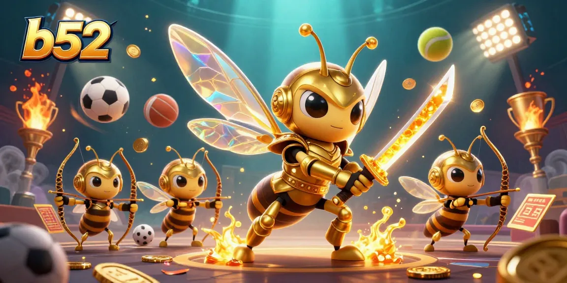 Join the B52 gambling adventure with lively characters in a vibrant sports-themed scene.