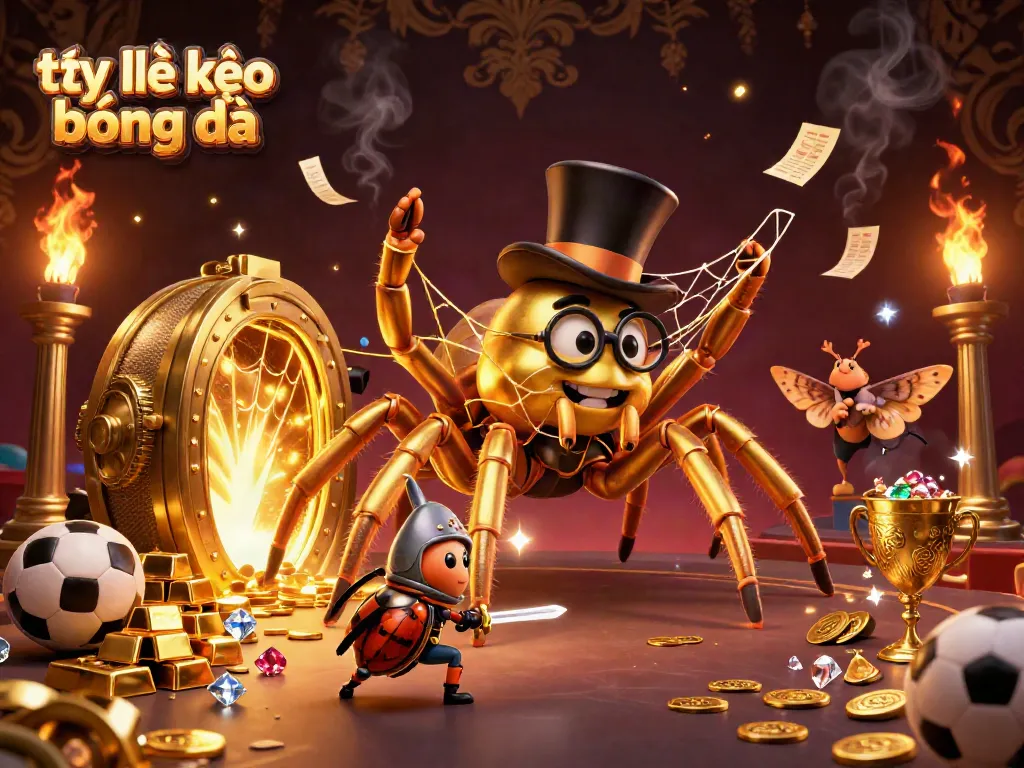 Engaging scene showing tỷ lệ kèo bóng đá with a giant golden tarantula and beetle knight among dynamic betting elements.