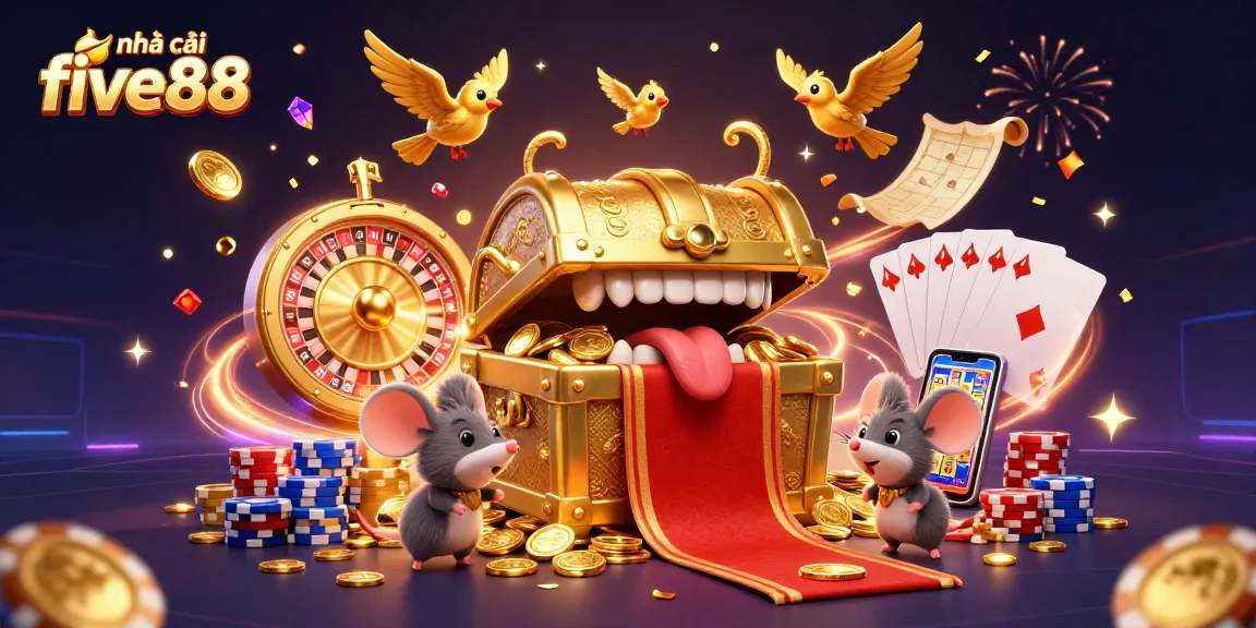 Experience the excitement of nhà cái five88 with a vibrant 3D casino scene filled with treasures.