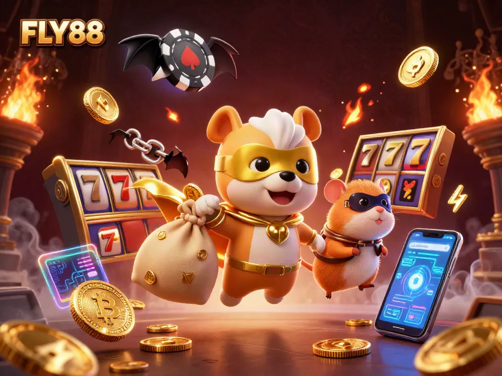 FLY88 offers thrilling casino experiences with superhero dog and hamster in a colorful digital scene.