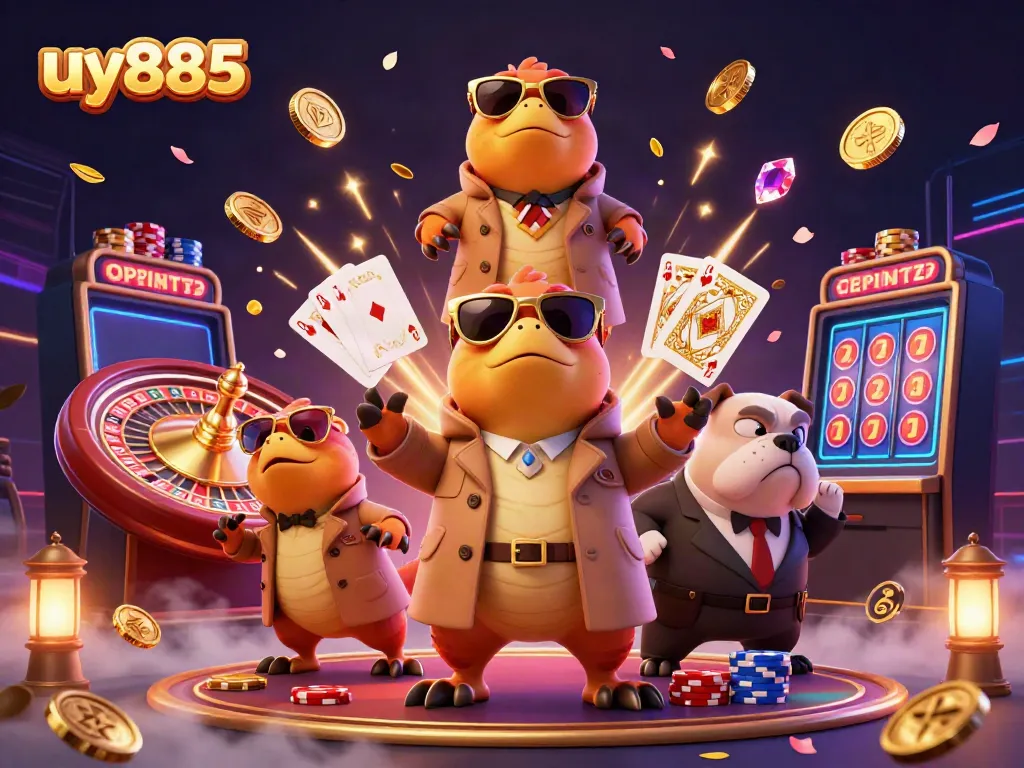 Experience the excitement at uy885 with 3D caricature raptors entering a VIP casino, surrounded by gaming symbols.