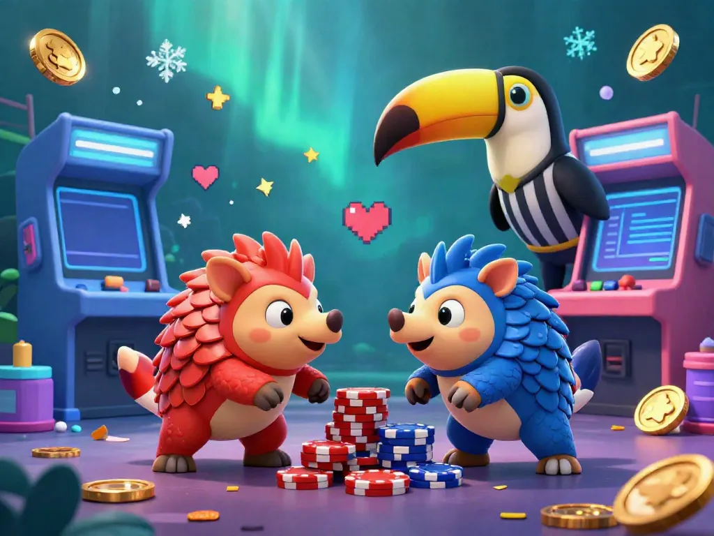 Engage in a lively gambling competition as rival pangolins roll poker chips in this vibrant safew inspired 3D scene.