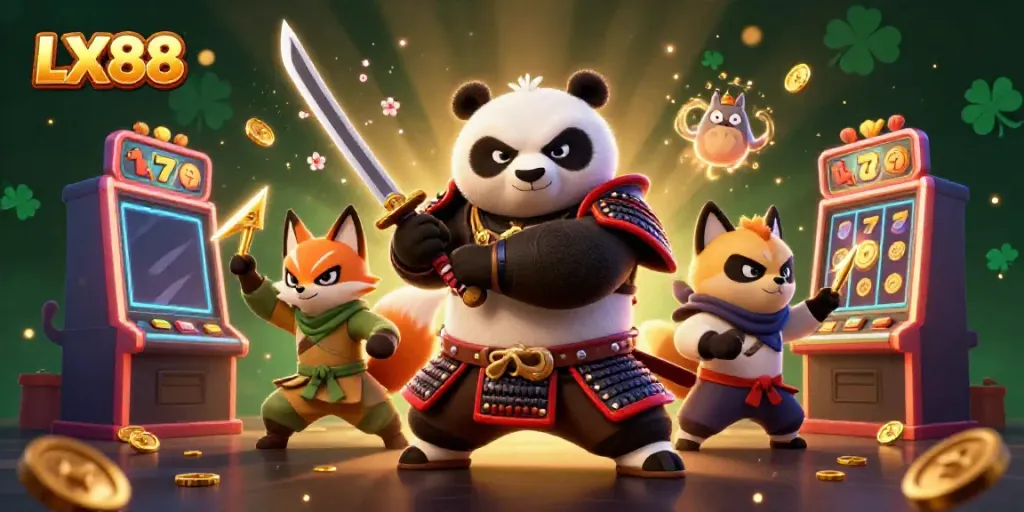 LX88 samurai panda and ninja fox engage in an exciting slot gaming scene featuring vivid golden coins and jackpot excitement.