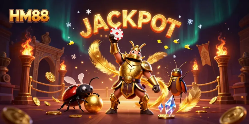 HM88 highlights a triumphant beetle in gladiator armor celebrating a grand jackpot victory.